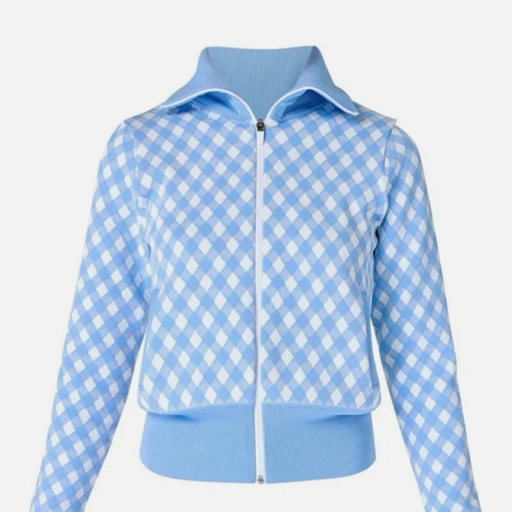Sweaty Betty Seamless Workout Zip Up Blue mini Gingham Print